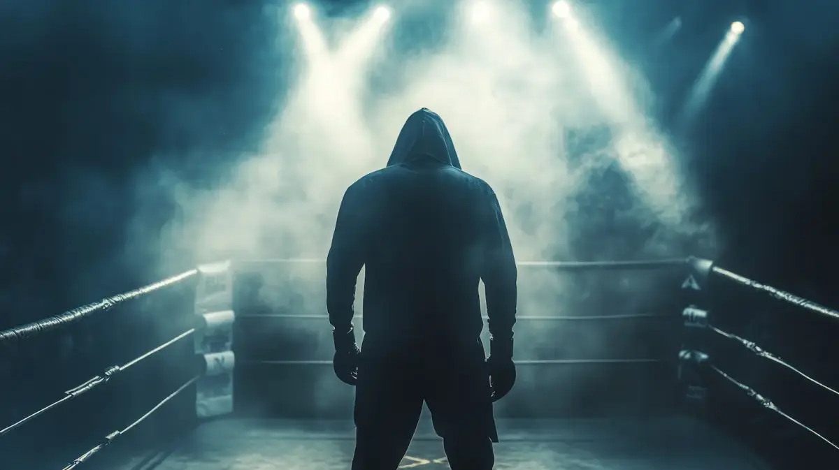 A hooded boxer standing in a smoky ring under spotlights