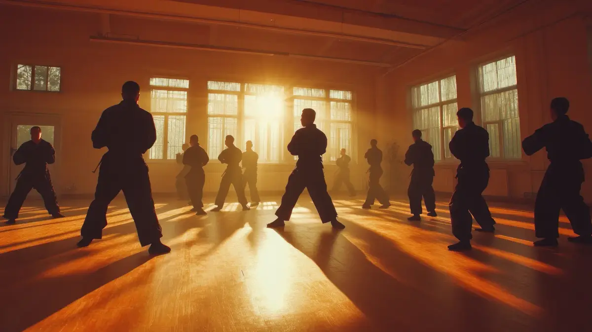 A martial arts class training together in a gym lit by warm sunset light